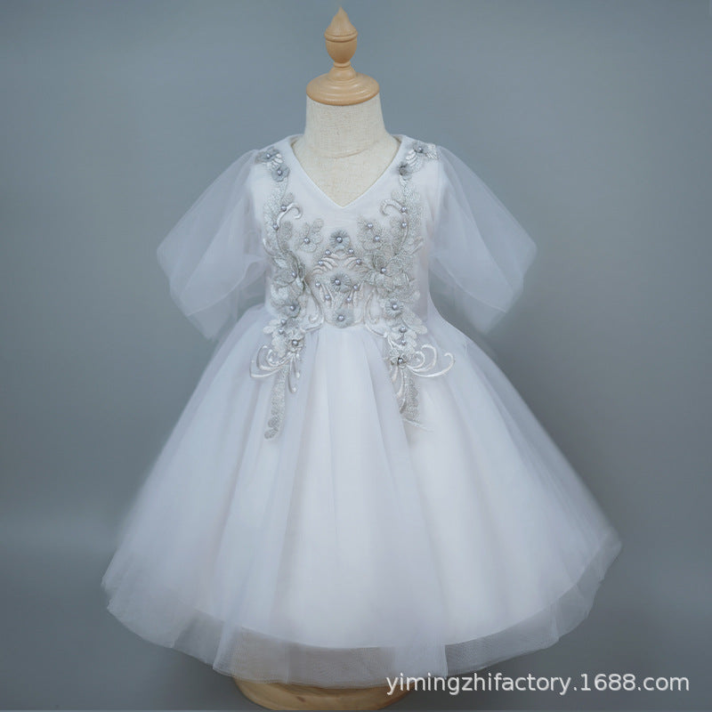 Kids' formal dress princess dress new short printed mesh girl's princess dress flower girl wedding dress one piece wholesale foreign trade