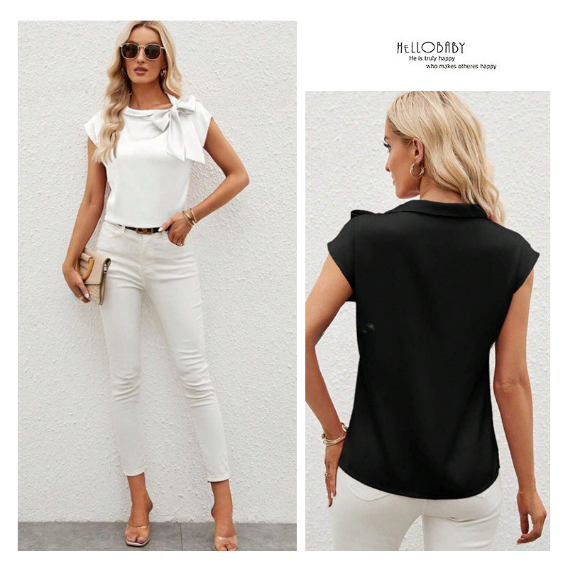 semi-open neck bow satin top, niche design satin women's clothing,   European and American new T-shirts