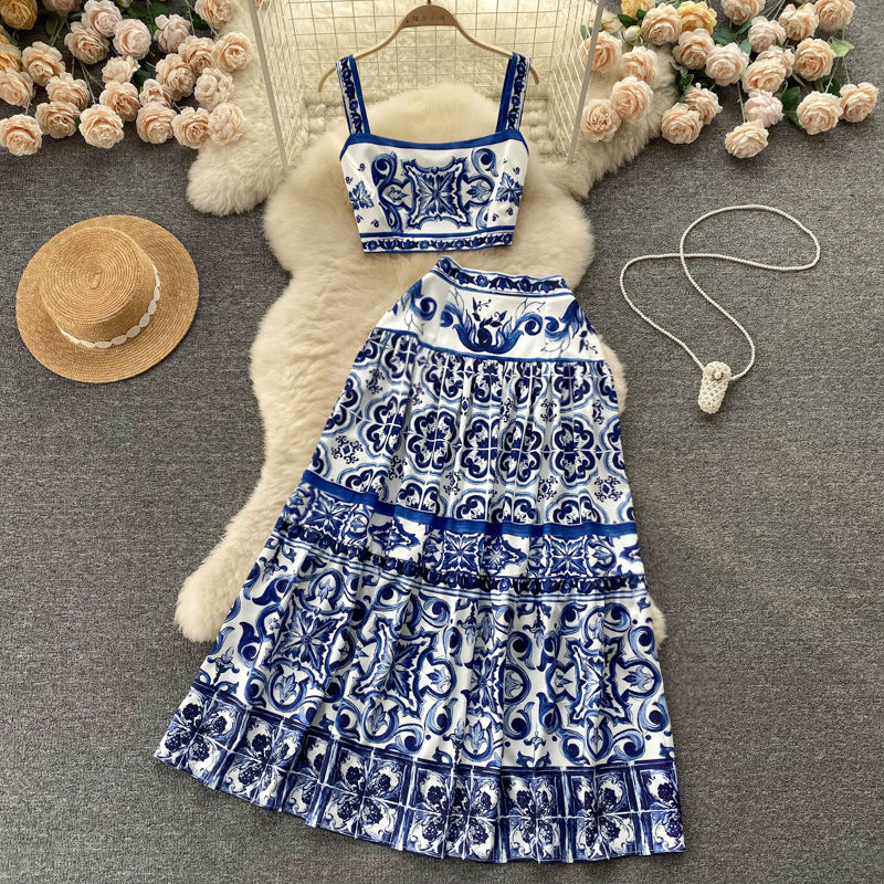 European and american style blue and white porcelain print set - women's summer lingerie: cropped cami top + high-waisted midi skirt