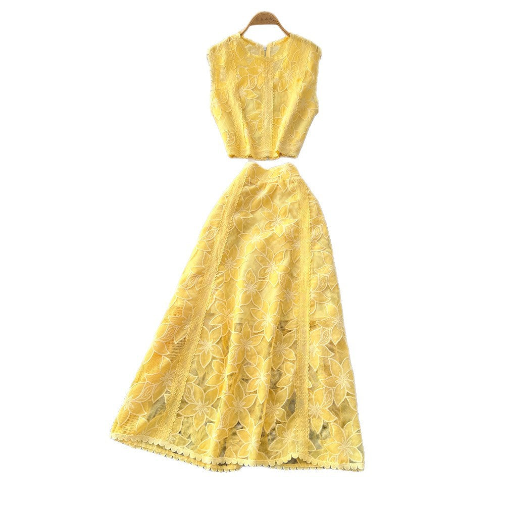 French style autumn outfit: elegant, high-end hollow-out lace embroidered sleeveless cropped top and high-waisted midi skirt set
