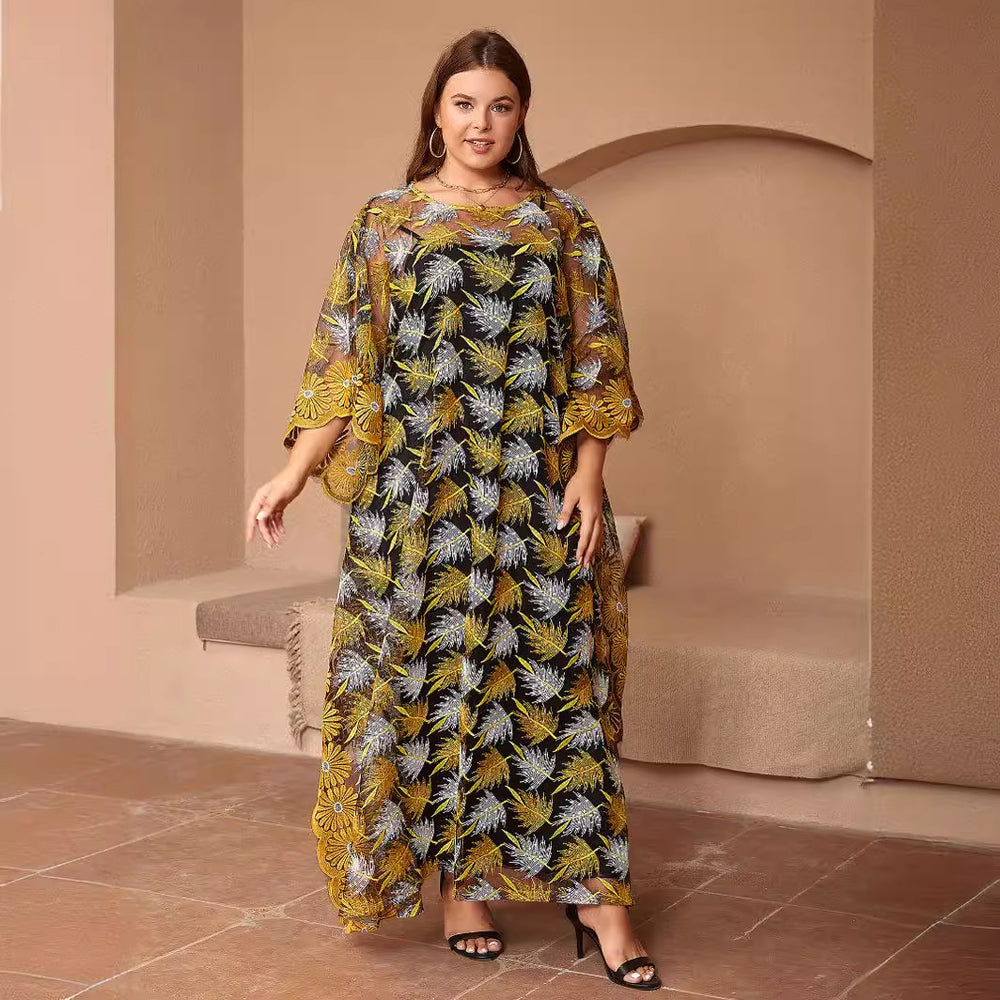 Plus size ethnic style lace embroidered batwing maxi dress african women's two-piece set - high quality