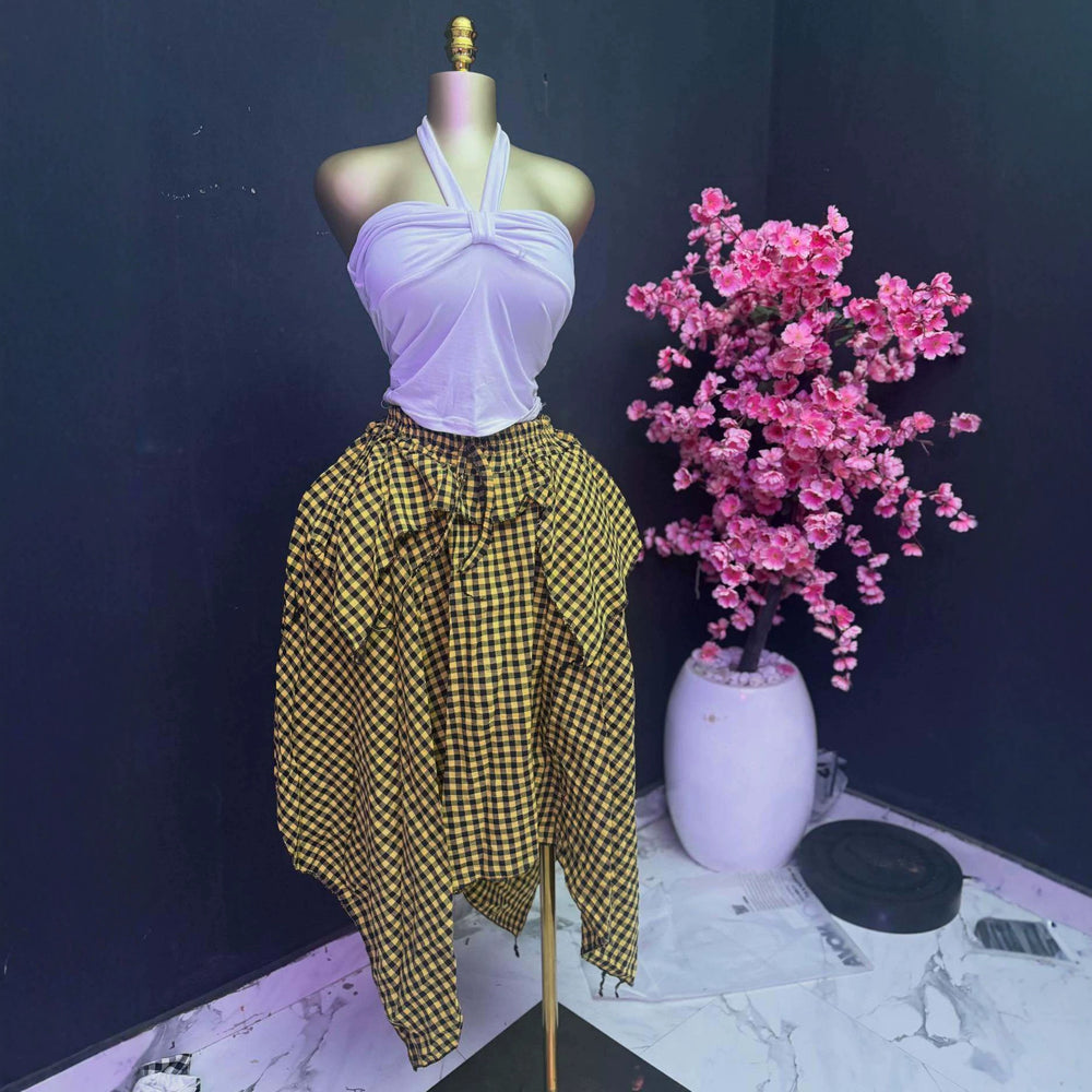 European and american cross-border women's fashion:  summer new arrivals - high-waisted, asymmetrical, mid-length plaid a-line skirt