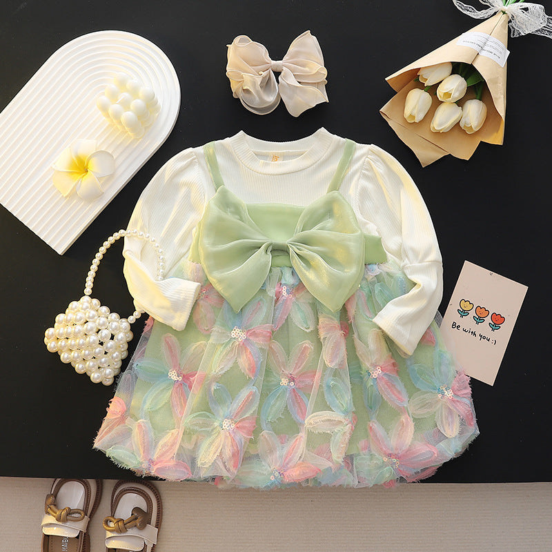 Girls' floral bow gauze dress - new autumn  stylish and chic children's wear - sweet princess dress for baby girls