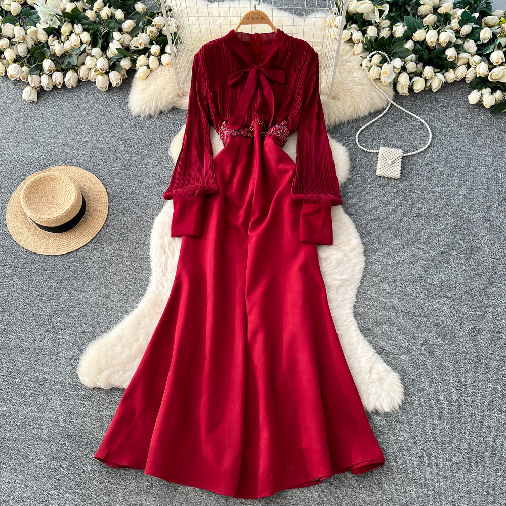Light mature style bows strappy lantern sleeve tops high waist a-line skirt women's work clothingeleganttwo-piece setclassy sense