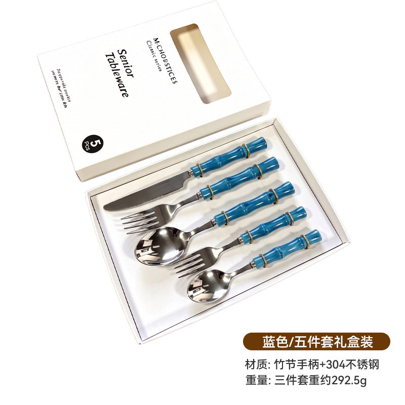 Bamboo handle stainless steel fork spoon tableware suit creative acrylic bamboo handle western food knife fork spoon dessert spoon