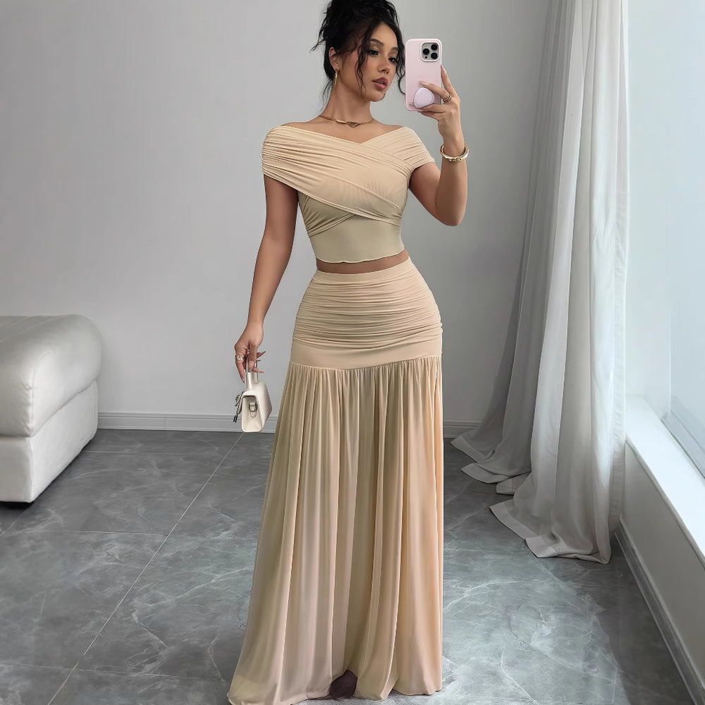 European and american cross-border women's fashion:  summer new arrival - solid color off-the-shoulder top with cinched waist pleated panel skirt two-piece set