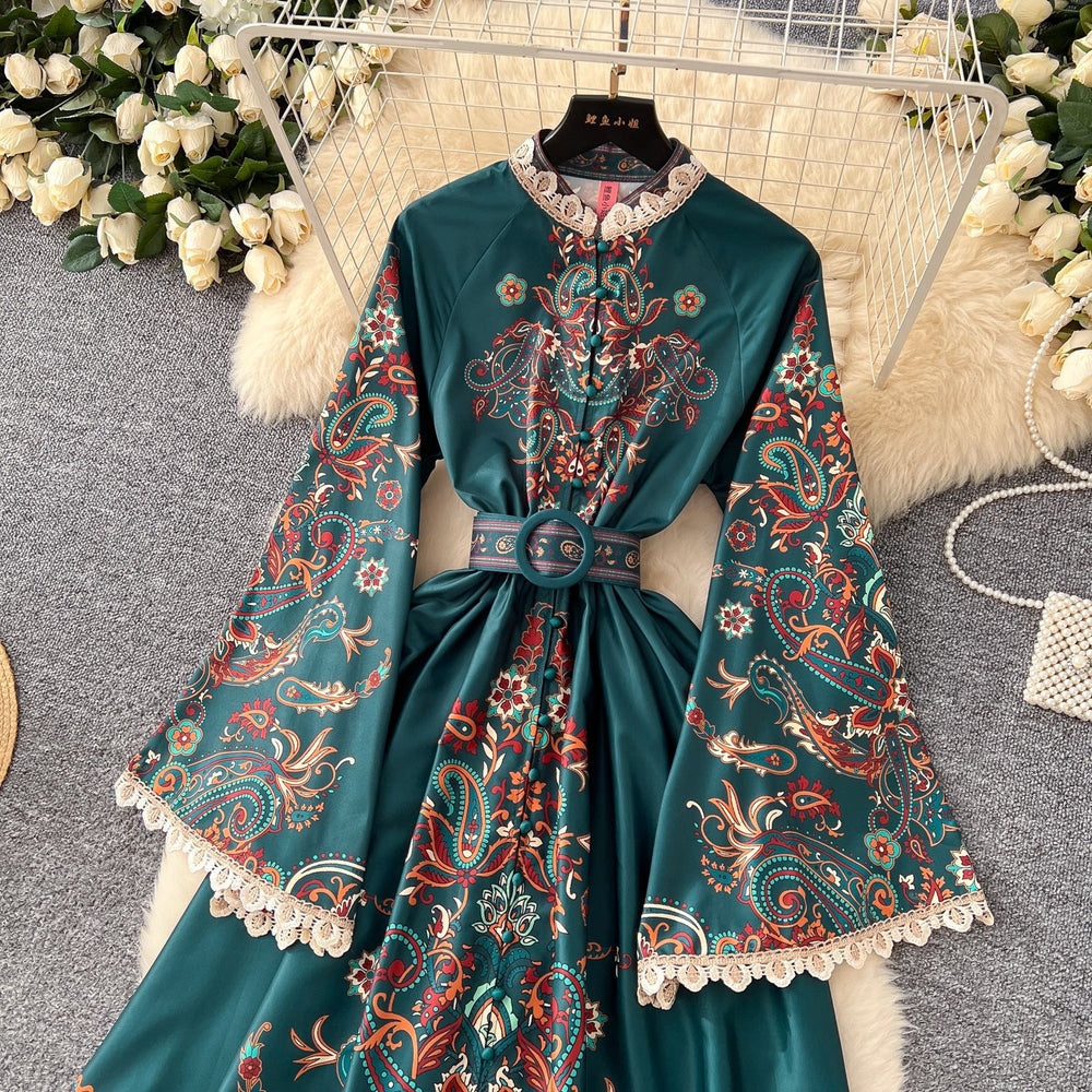 Palace style retro stand-up collar single-breasted bell sleeves long lacedress women's fashionfashionprinting long skirt