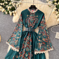 Palace style retro stand-up collar single-breasted bell sleeves long lacedress women's fashionfashionprinting long skirt