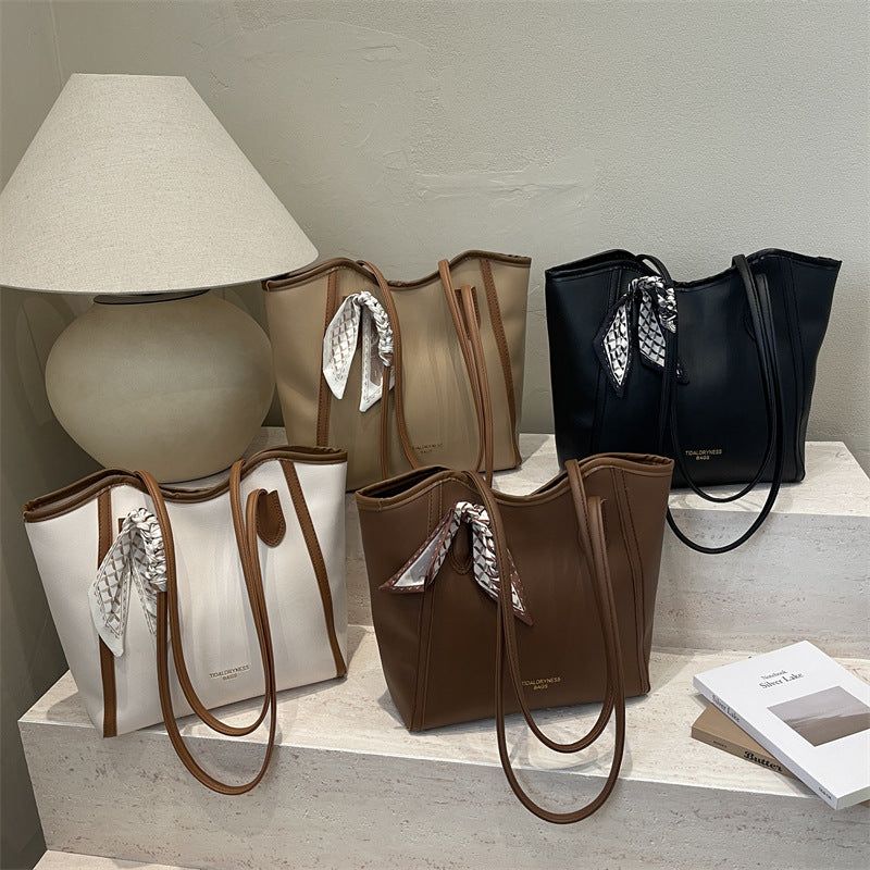 new arrival silk scarf satchel bag women's fashion large capacity contrast color tote bag 2026springnew arrival contrast color women's bag