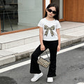 Girls' summer outfit  new style kids short-sleeve t-shirt two-piece set, korean style chic girl's bowknot set