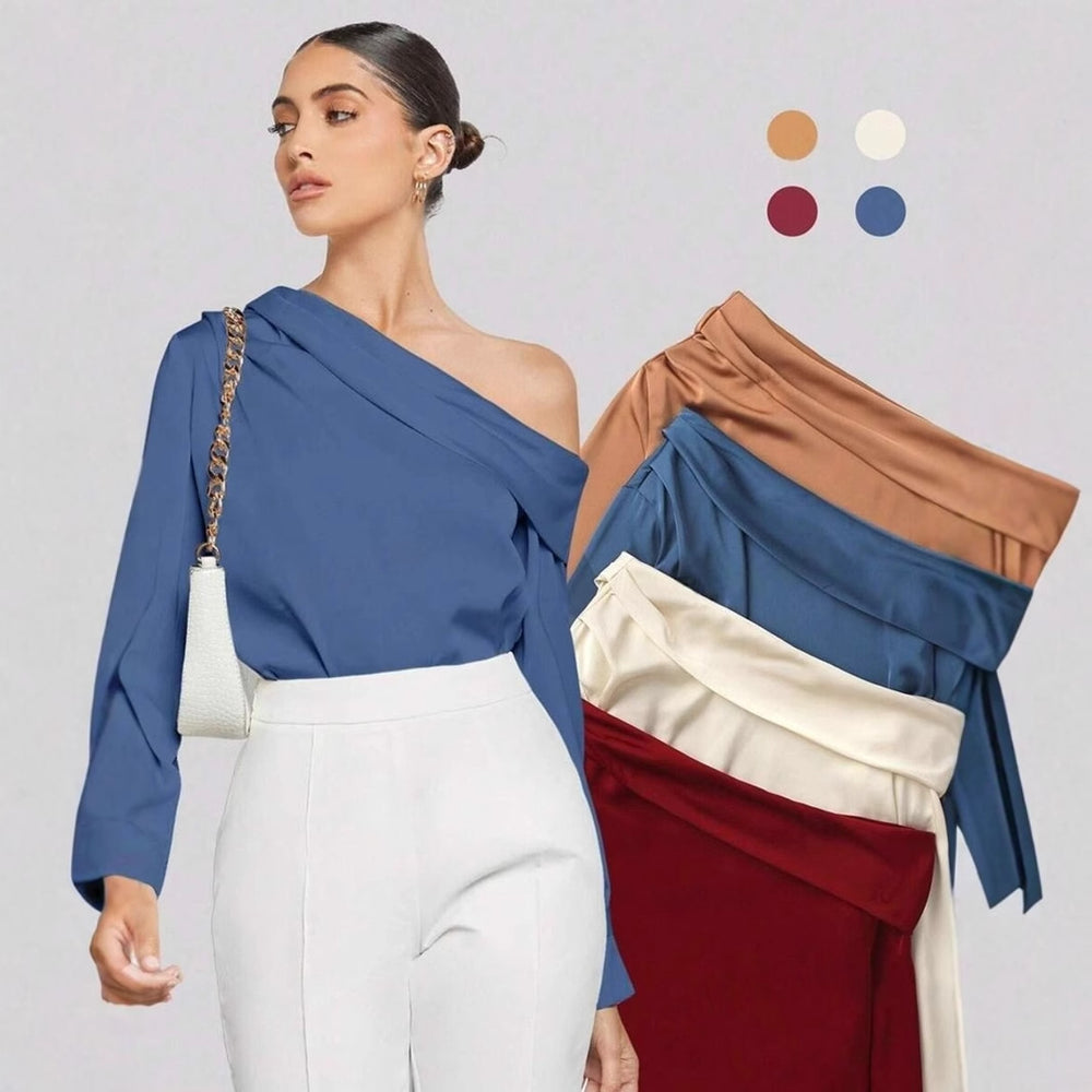 Export cross-border pleated satinshirttops spring and summer fashion  off-shoulder asymmetrical long-sleeved shirt women's clothing