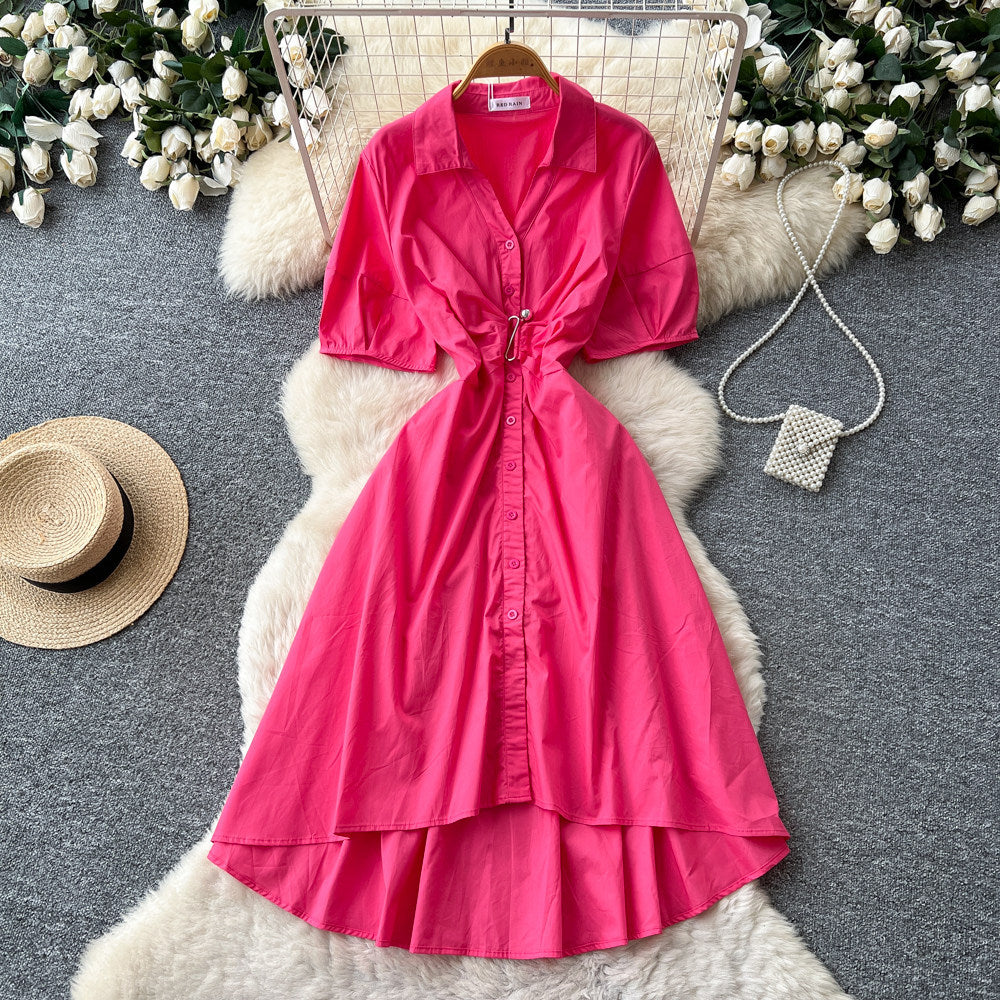 Commuting style polo collar short-sleeved shirt dress women's summersense of design waist slimming look a-line skirt summer