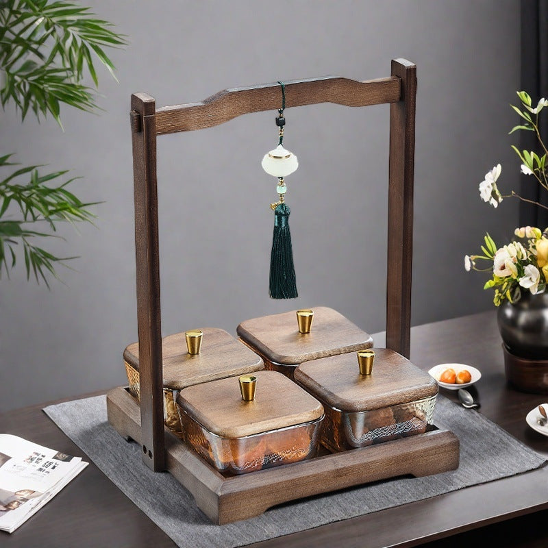Luxury walnut wood-effect fruit & snack platter - home use, divided compartments, creative dried fruit dish, dessert glass bowl & fruit plate