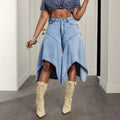 European and american high-waisted asymmetrical patchwork denim shorts - light blue, designer a-line wide-leg denim hot pants for summer