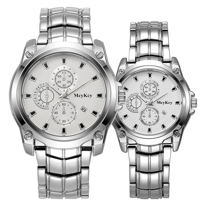 New arrival cross-border alloy couple steel band watch classic business three-eye large dial waterproof quartz watch manufacturer wholesale