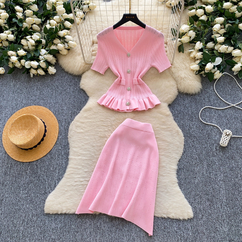 French work clothing style pink knittingtwo-piece set female summercasualv neck waist rufflesfashionelegantsuit