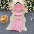 French work clothing style pink knittingtwo-piece set female summercasualv neck waist rufflesfashionelegantsuit