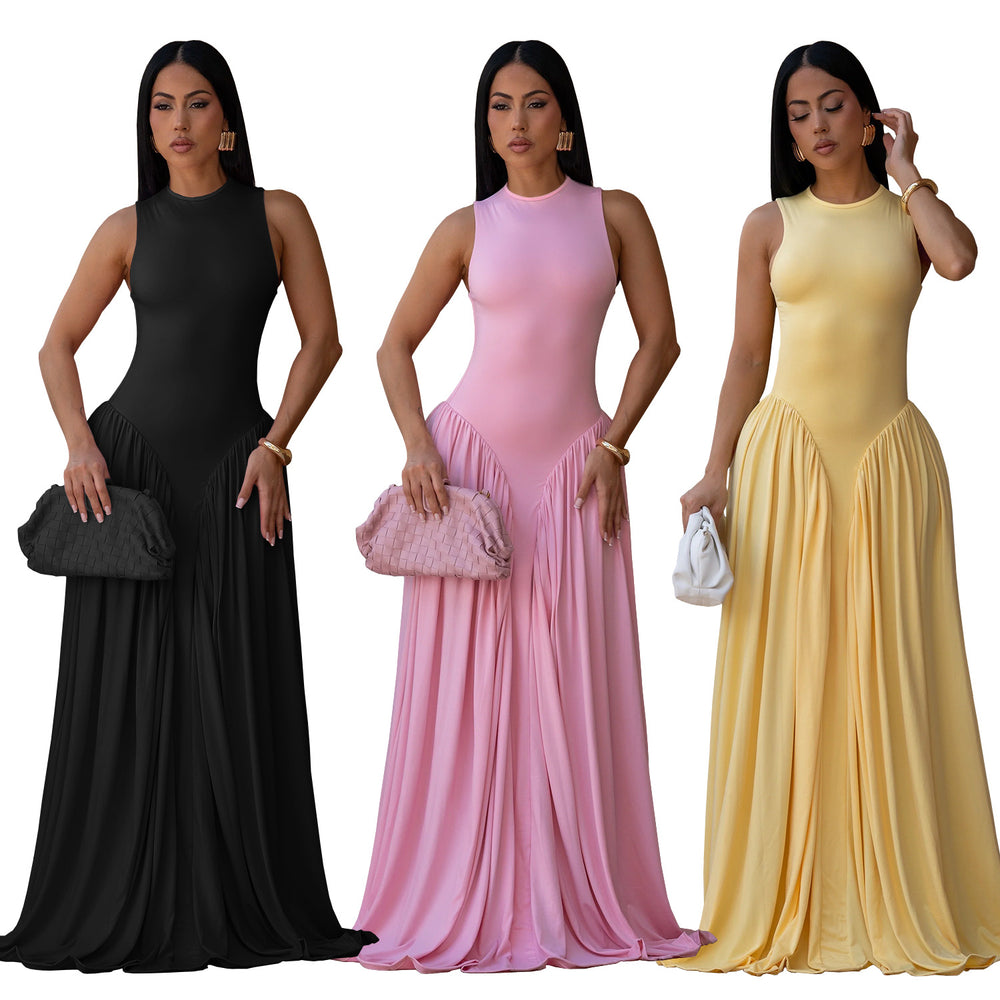 C7713 cross-border   fashion women's elegant solid color round neck sleeveless dress
