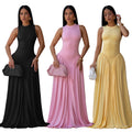 C7713 cross-border   fashion women's elegant solid color round neck sleeveless dress