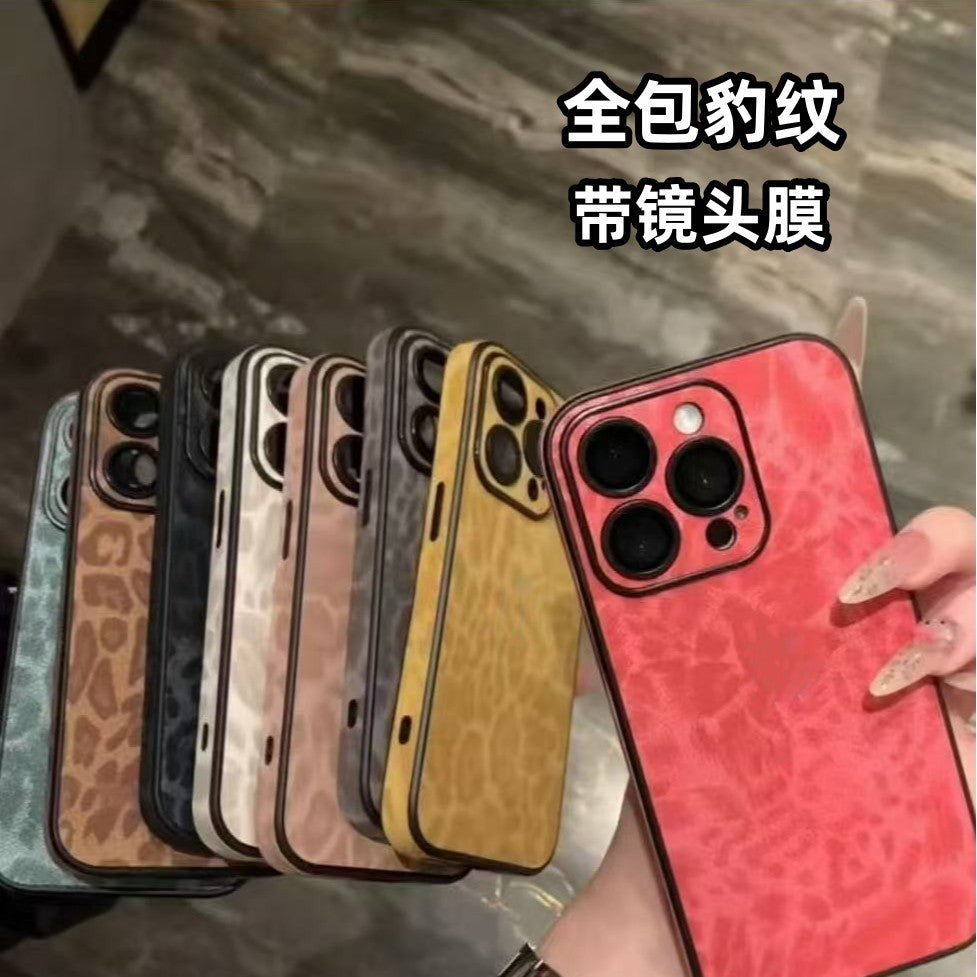 Leopard print leather texture phone case for iphone 17, protective cover for iphone 15 pro max, apple 15 with lens film, cross-border