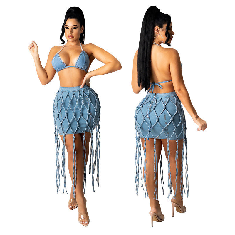 Amazon  hot selling women's skirt fashionnew arrivalhigh waistsexyexport woven belt denim skirt