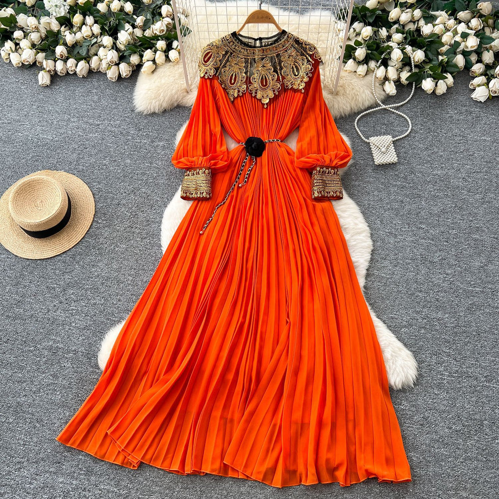 Frenchclassyelegance heavy industry embroidered beads sequin patchwork lantern sleeves straps waist pleated dress women's long skirt