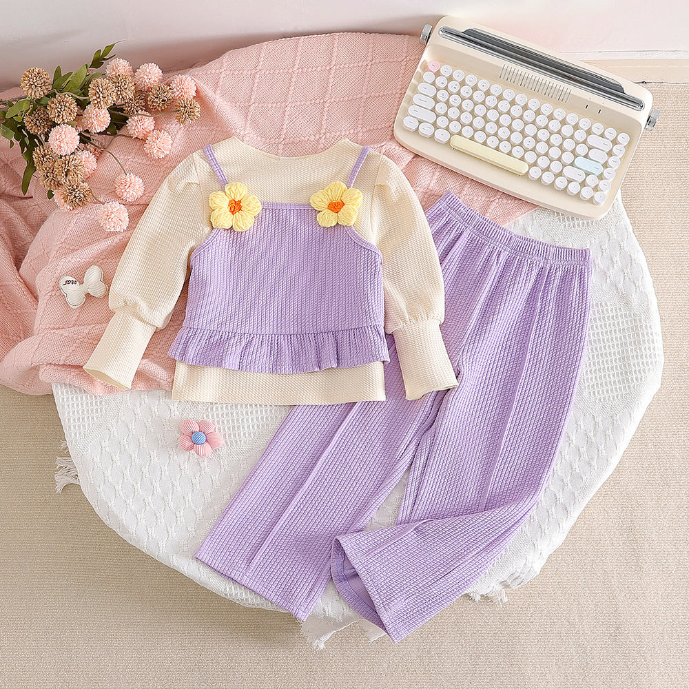 new autumn cross-border girls' 3-piece set: 3d floral cute camisole, long-sleeved top, and pants