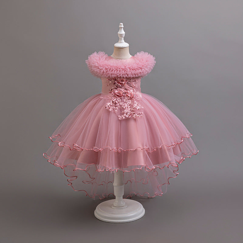 Kids dress trailing princess dress sequin puff sleeves satin flower girl little girl party dress first birthday baptism dress