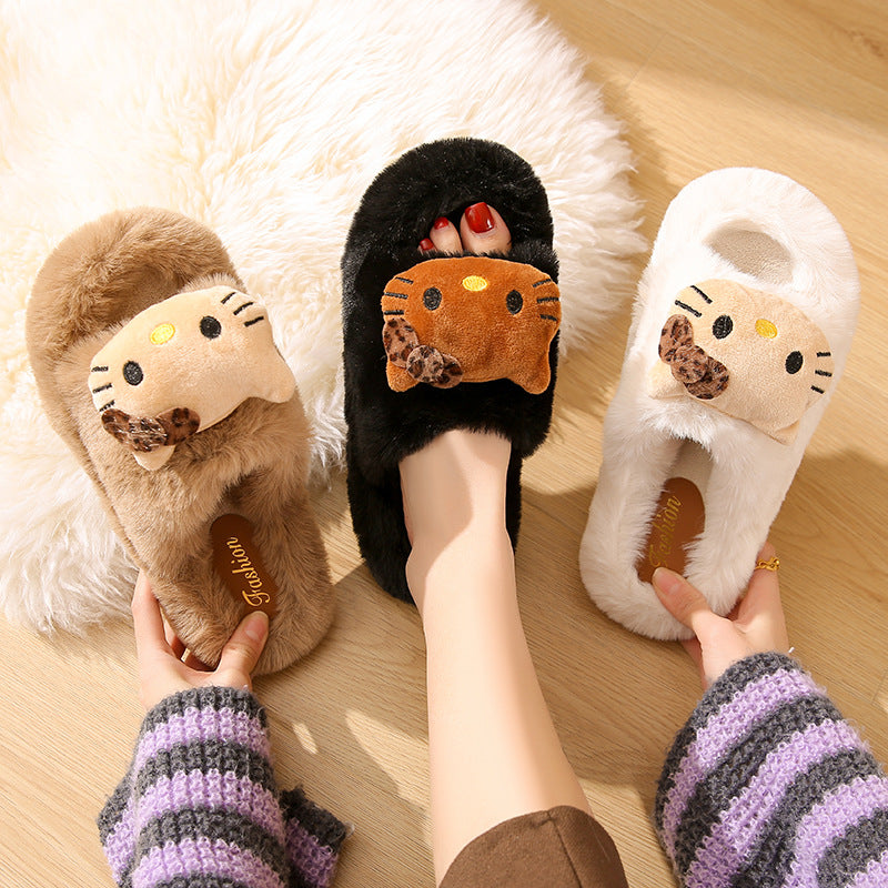 Cartoon kitty cat fuzzy one-strap cotton slippers - new autumn/winter collection for women, thickened outdoor/indoor warm slippers