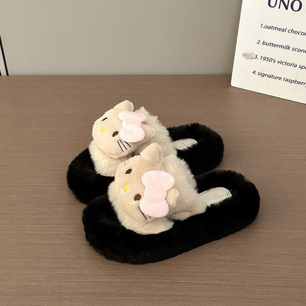Versatile fuzzy slippers for women, thick-soled outdoor wear, new autumn/winter styles, trending online, platform sole, height-increasing, criss-cross cotton slippers