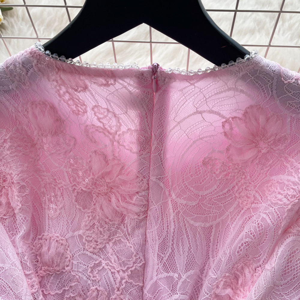 French chic long sleeve lace and mesh patchwork dress - high waist, slimming, elegant, and flowy maxi dress