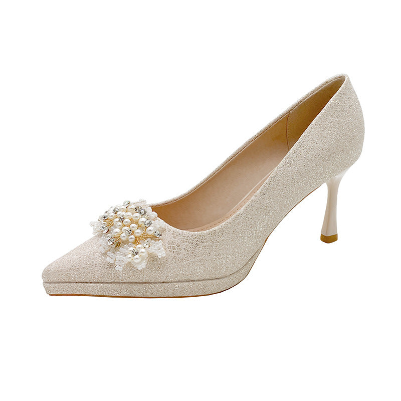 2025 new champagne glitter platform heels - women's chunky sole, comfortable, pointed-toe stiletto wedding shoes