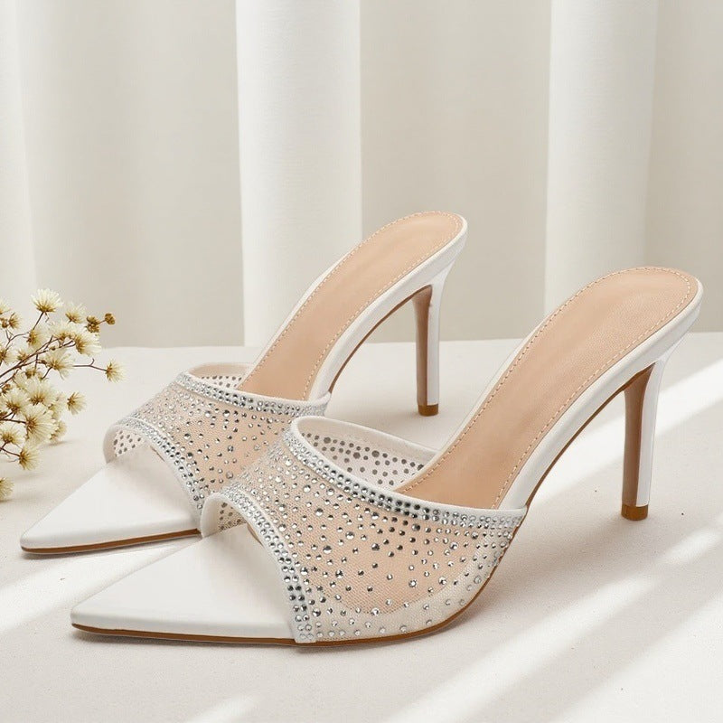 Small women's european and american exportnew arrival thin heel pointed toe one-piece mesh rhinestone high heel sandals outwear women's sandals