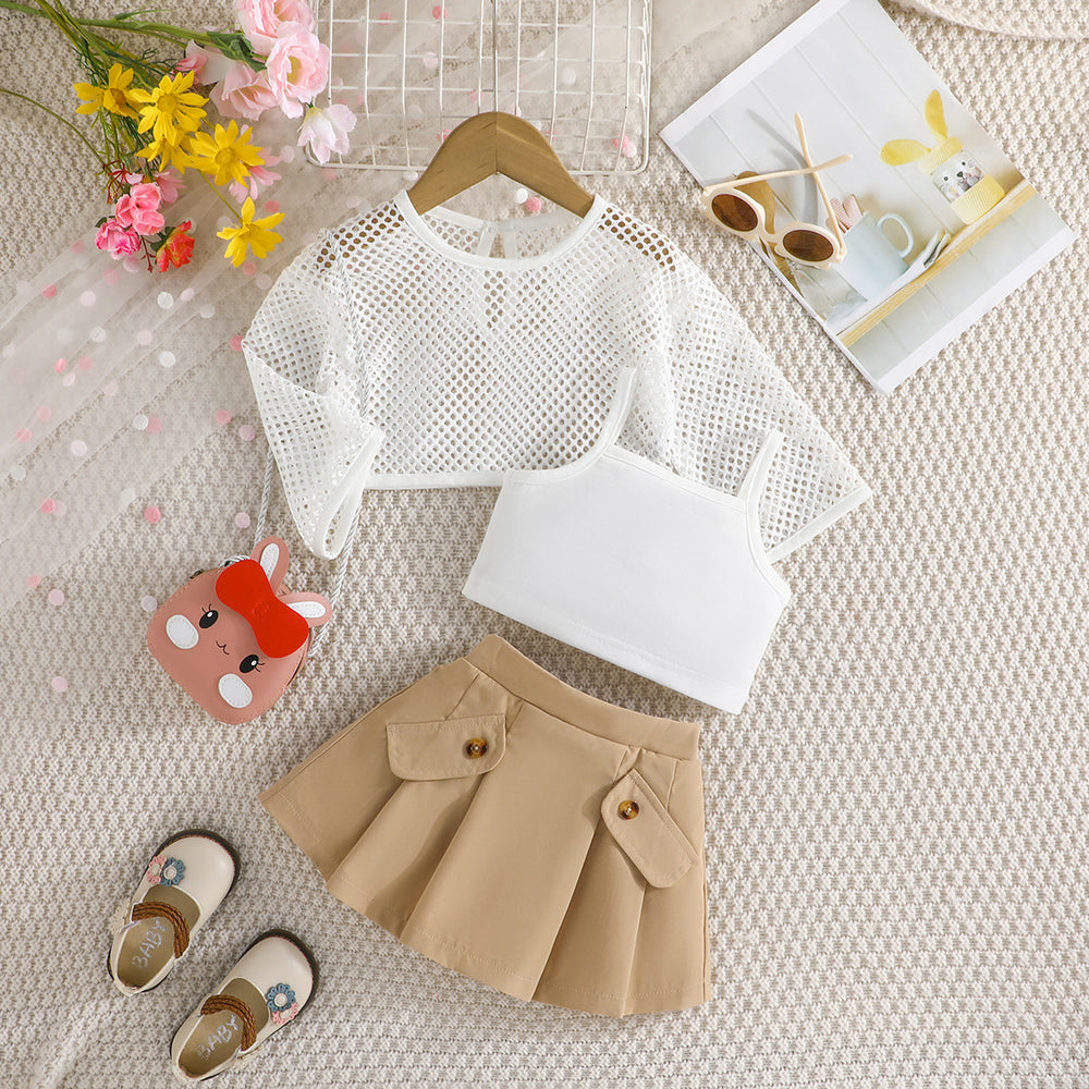 summer new girls' mesh long-sleeve top + cropped tank top + pleated skirt three-piece set - in stock