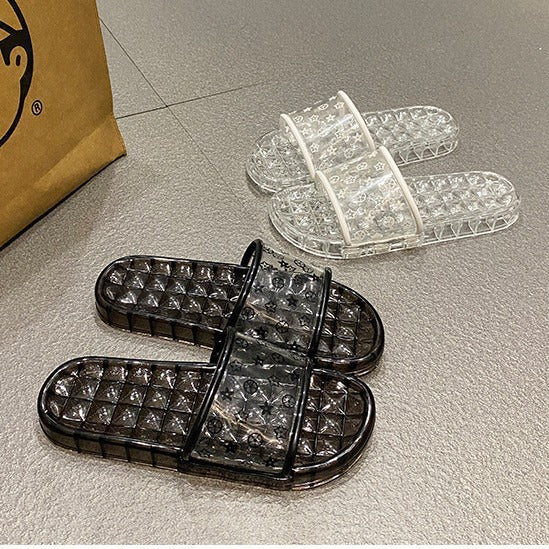 Influencer-approved clear crystal slippers for women - summer outdoor wear, non-slip printed glass slippers, fairy-tale princess style, korean fashion
