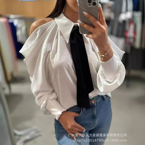 LZR18772   white polka dot patch leg of lamb sleeve off-the-shoulder lapel bow tie casual shirt