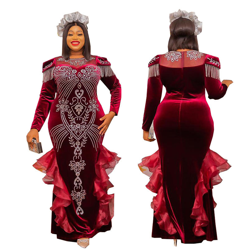 new arrivals: african cross-border sourcing - luxury rhinestone & beaded crew neck long sleeve korean velvet dress - special offer!