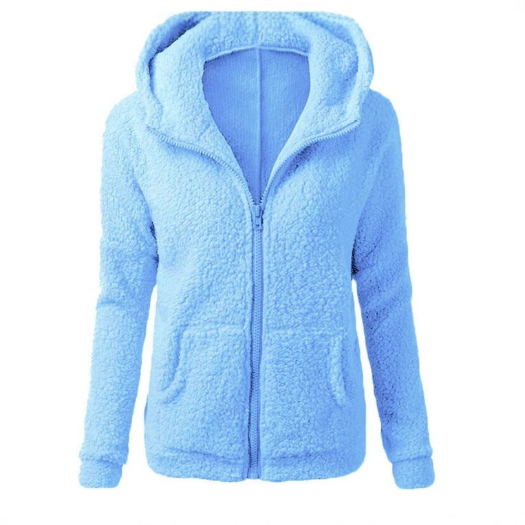 women's fashion solid color hoodie - loose fit plush zip-up jacket top