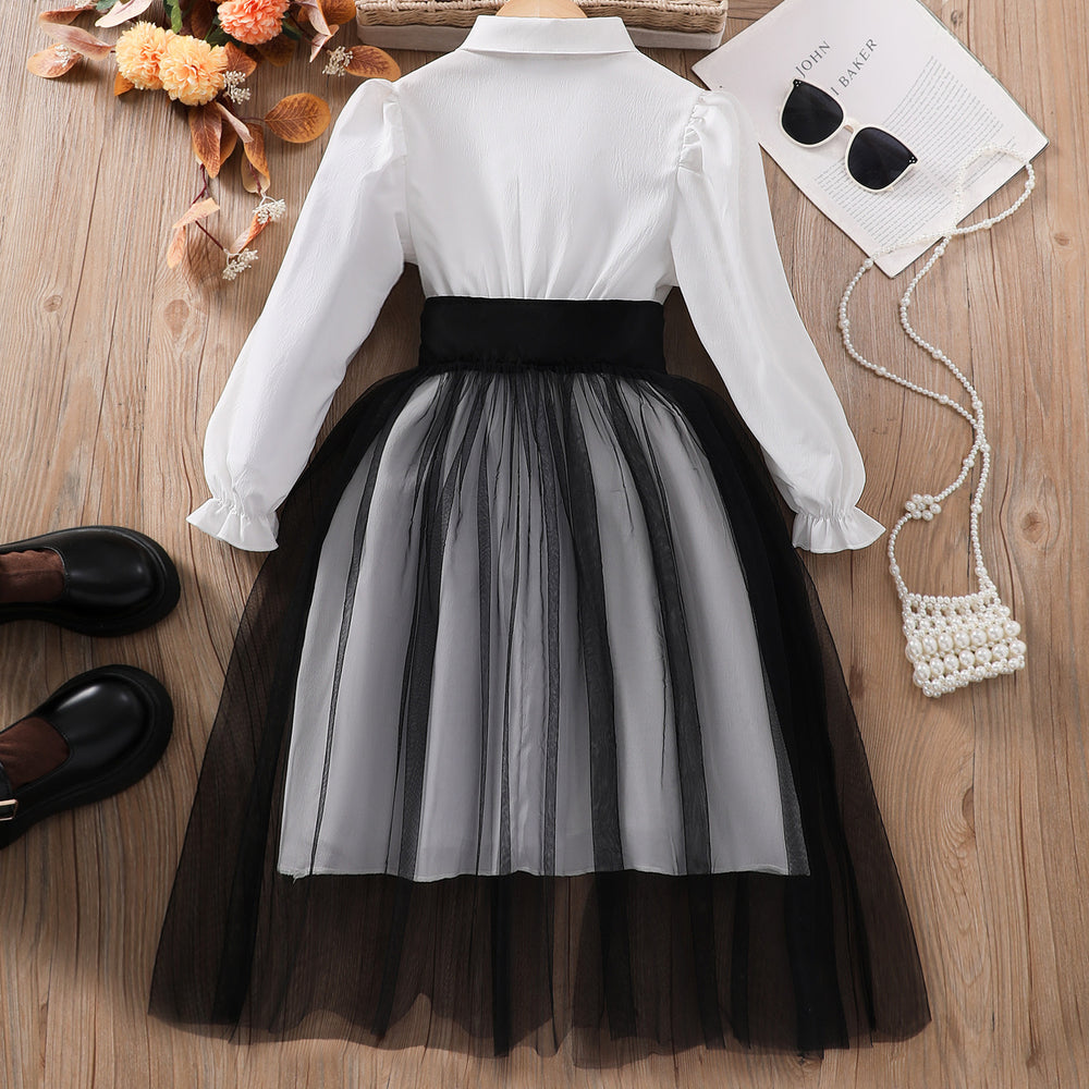 new arrival female youthlong sleeves lapel girdle mesh patchwork dress