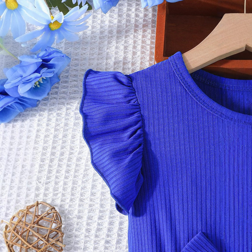 25 years of cross-border expertise – new girls' summer flutter sleeve dress: solid color top with floral print skirt