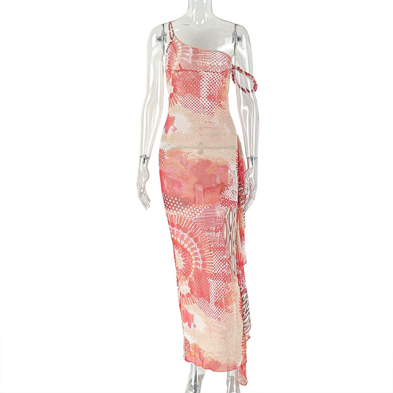 Fashion style cross-border new arrival women's printed waist slimming look hip skirt color matching oblique collar sleeveless tube top long dress