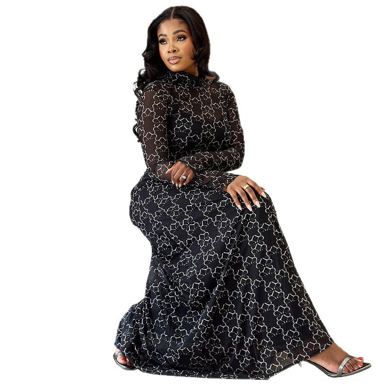 European and american style ins cross-border women's clothing slim fit printing fashion waist a-line skirt home high collar long sleeves breathable dress