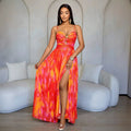 sexy tropical print cutout high slit backless vacation sundress with gold starfish embellishments