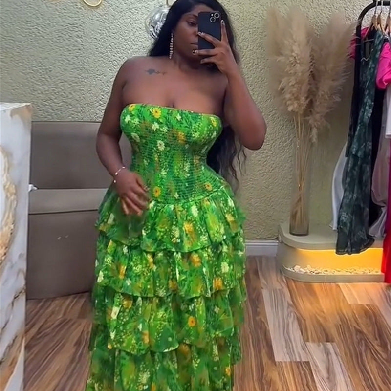 European and american cross-border women's fashion  summer new collection: fresh & chic vacation strapless printed ruffle tiered cake dress