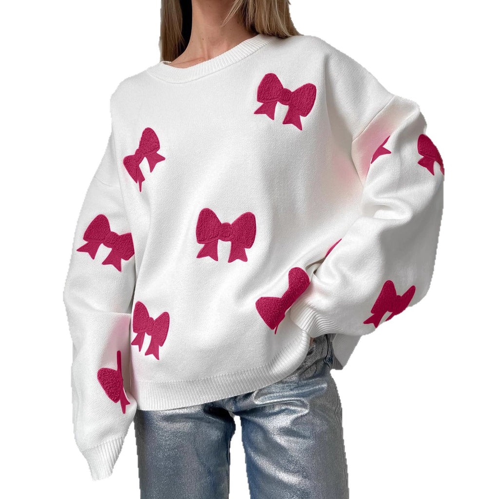 European and American  sweet wind pink bow crew neck pullover loose casual knitted sweater autumn and winter women's clothing