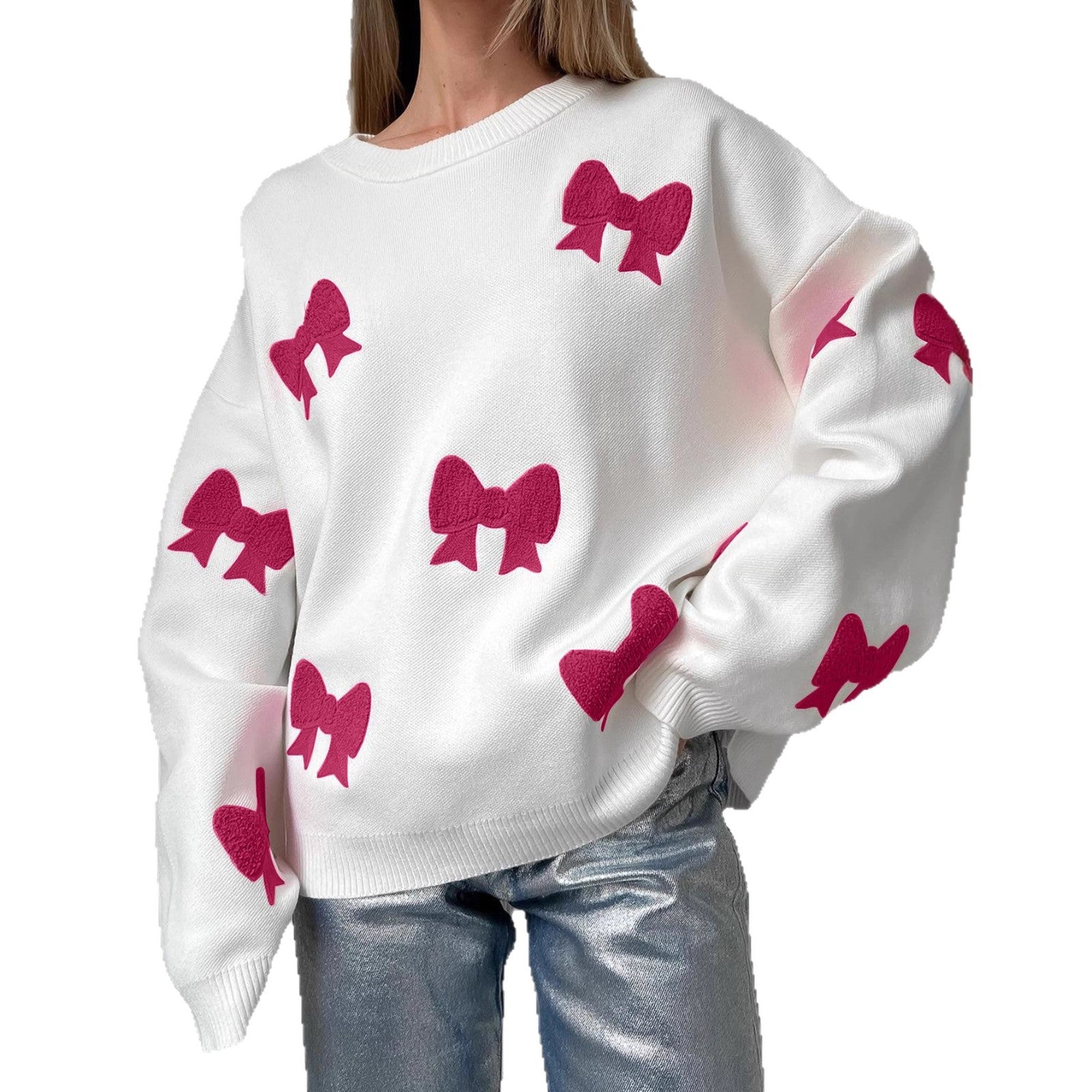 European and American  sweet wind pink bow crew neck pullover loose casual knitted sweater autumn and winter women's clothing