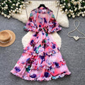 Vintage court style printed bubble sleeve dress - korean style tie-waist ruffle hem fairy dress