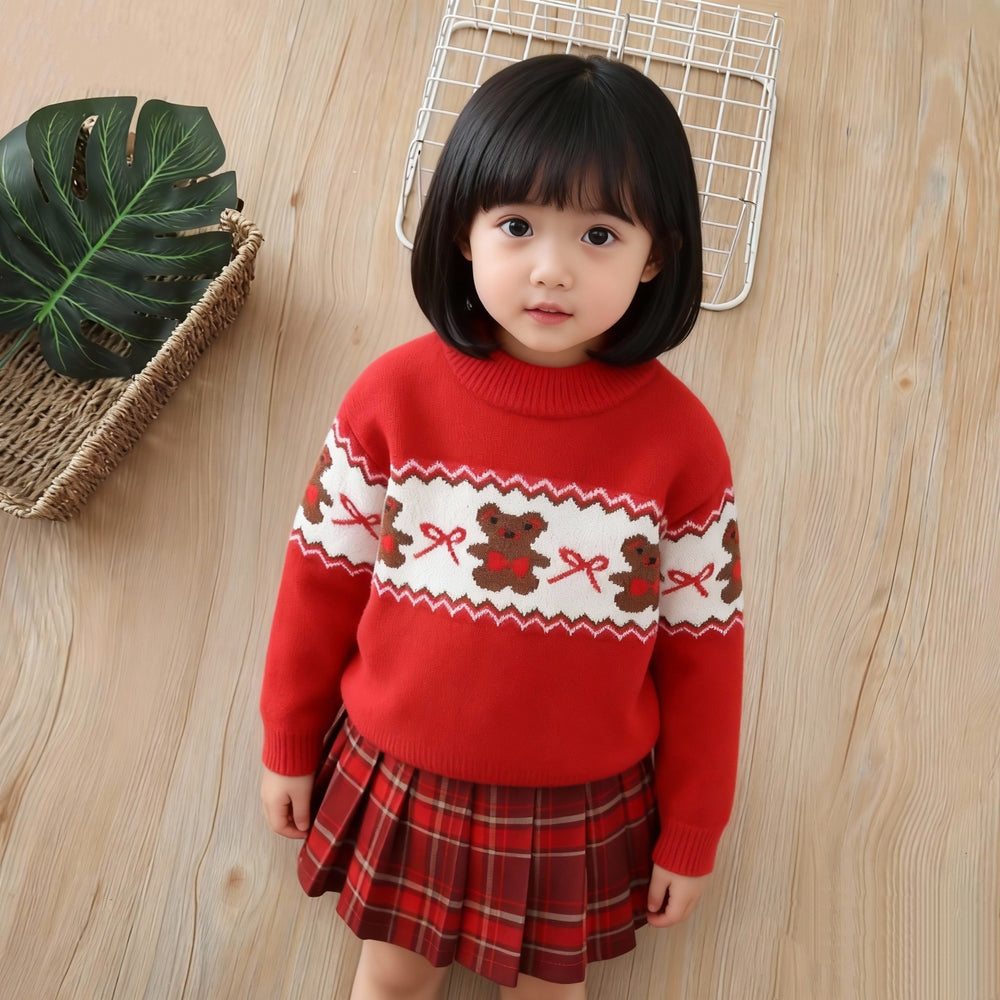 Girls' fall/winter sweater: thickened red base layer with bow and bear design - winter knitted wool sweater for big kids