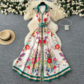 Spring printing dress women's new arrivalfashionretro lapel waist sleeveless single breasted pleated long skirt