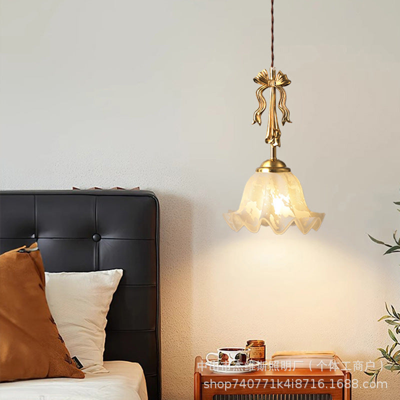 French retro bow brass small pendant wall lamp 3d ceramic flower pleated fabric bedroom bedside light